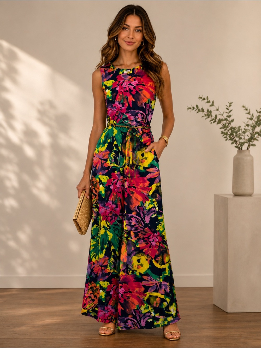 Colorburst Sleeveless Floral Maxi Jumpsuit